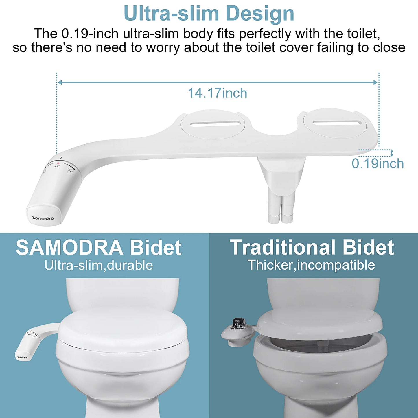 Non-electric bidet attachment for toilet seats featuring dual nozzles and adjustable water pressure. Ultra-slim design for easy installation.