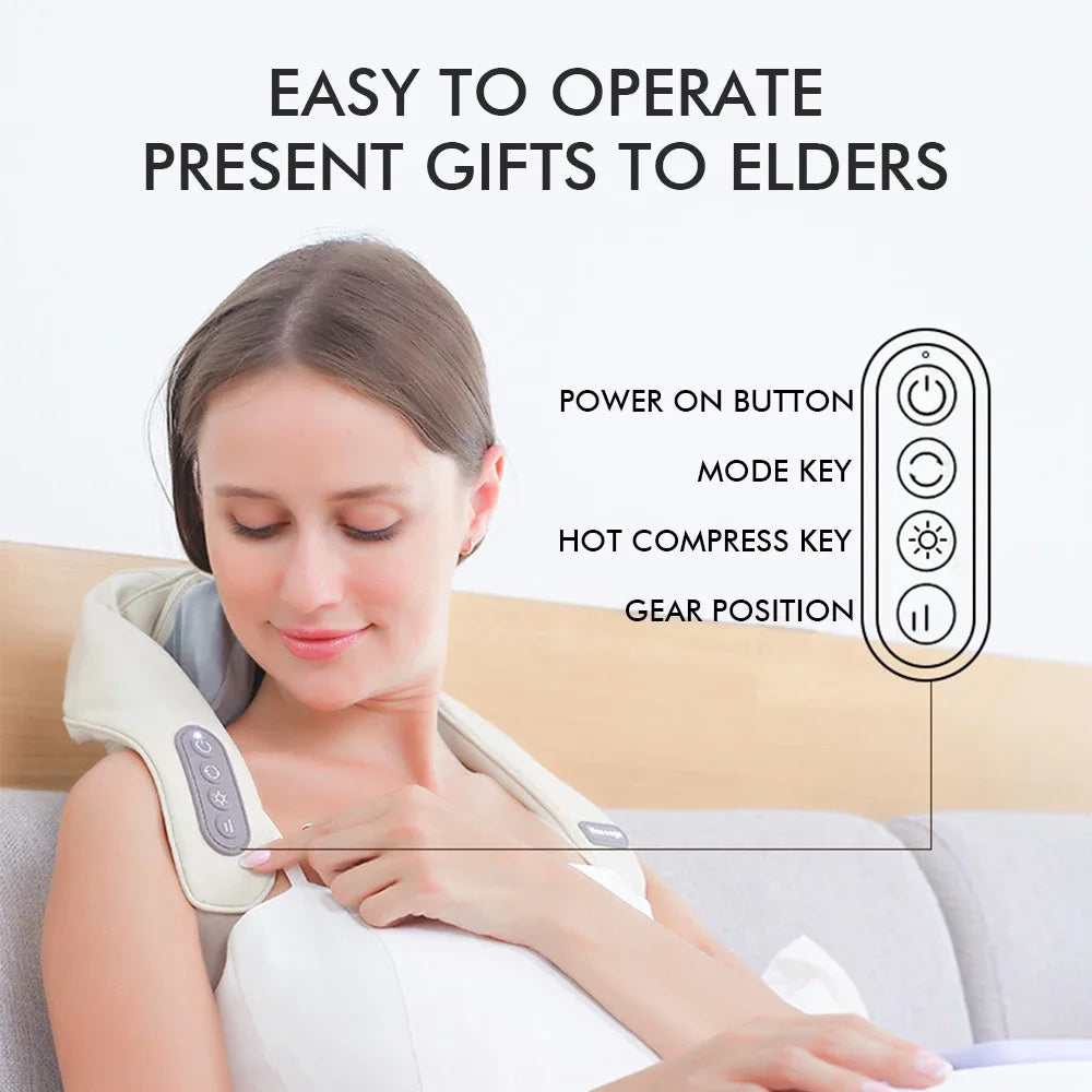 Wireless neck and shoulder massager shawl provides kneading massage to relieve tension in cervical and back muscles.