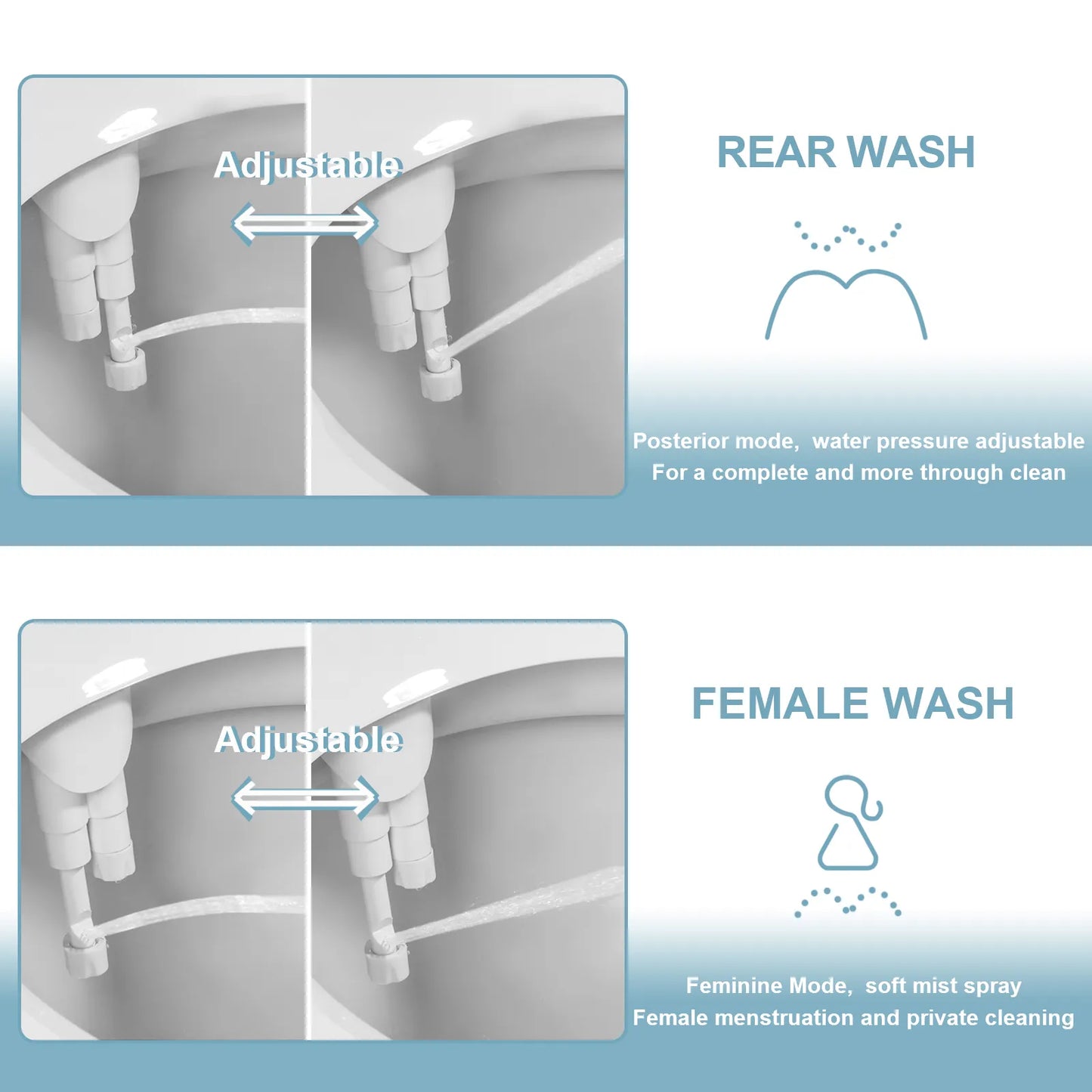 Non-electric bidet attachment for toilet seats featuring dual nozzles and adjustable water pressure. Ultra-slim design for easy installation.