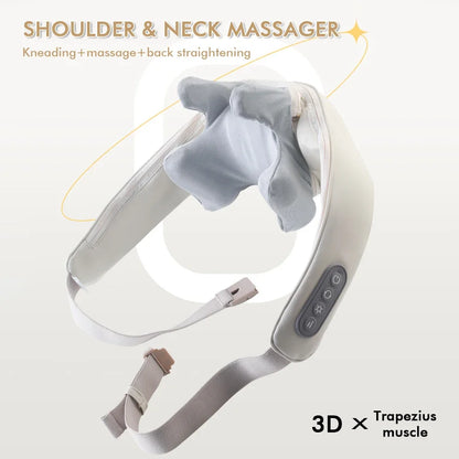 Wireless neck and shoulder massager shawl provides kneading massage to relieve tension in cervical and back muscles.