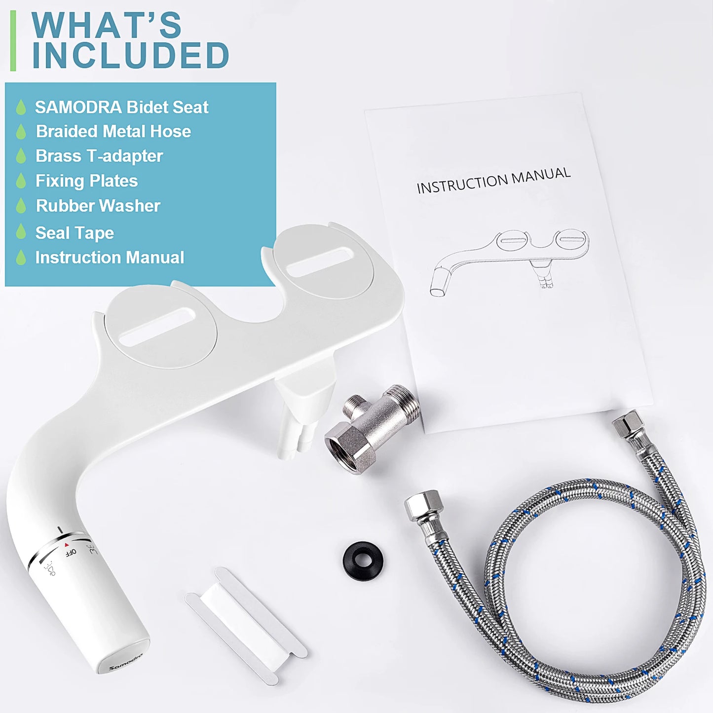 Non-electric bidet attachment for toilet seats featuring dual nozzles and adjustable water pressure. Ultra-slim design for easy installation.