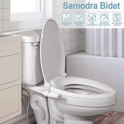 Non-electric bidet attachment for toilet seats featuring dual nozzles and adjustable water pressure. Ultra-slim design for easy installation.