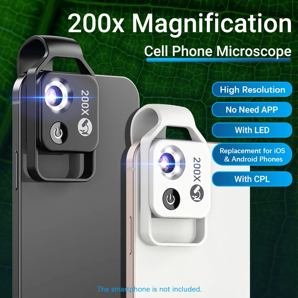 Highly versatile 200X microscope lens with phone clip for precise observation and appraisal in electronic and industrial fields.