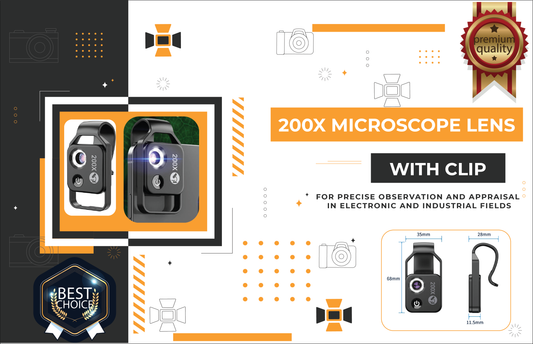 Highly versatile 200X microscope lens with phone clip for precise observation and appraisal in electronic and industrial fields.