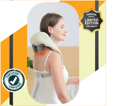 Wireless neck and shoulder massager shawl provides kneading massage to relieve tension in cervical and back muscles.